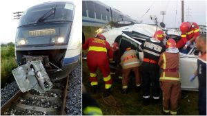 FOTO: Autoturism lovit de tren la Reghin. O persoană a decedat, trei se află în stare critică!